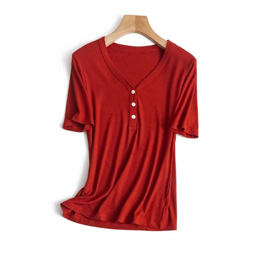 新款螺纹免烫白色V领短袖t恤女夏装内搭显瘦半袖钉扣莫代尔体恤衫_HLY 商品图8