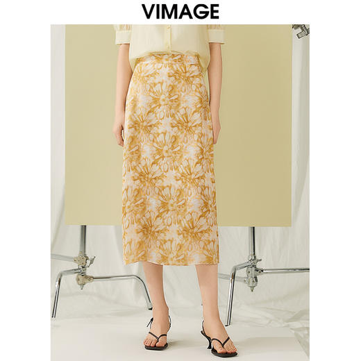 VIMAGE纬漫纪夏季新款时尚高级气质高腰印花显瘦舒适半身裙V1906517 商品图0