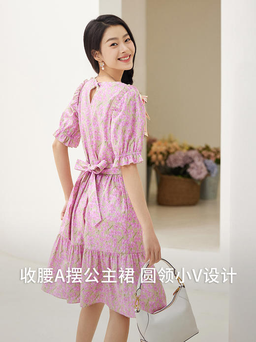 纯棉印花V领泡泡袖连衣裙 商品图1
