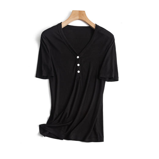 新款螺纹免烫白色V领短袖t恤女夏装内搭显瘦半袖钉扣莫代尔体恤衫_HLY 商品图5