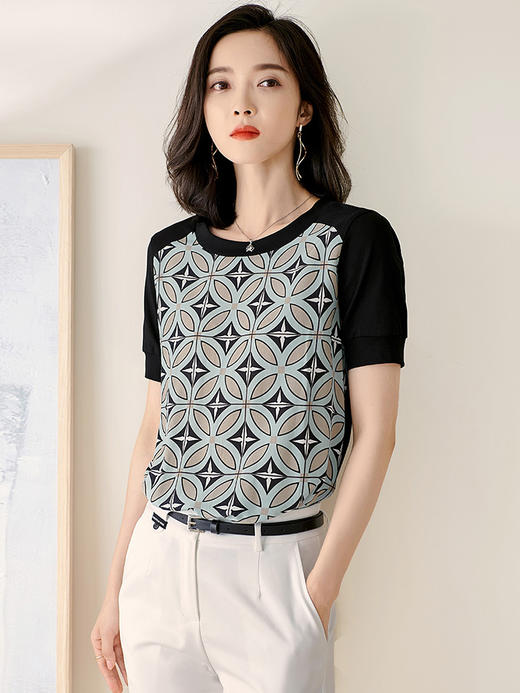 【2XL预售7天】米思阳2026夏季新款时尚几何印花拼接真丝T恤短袖休闲上衣女1627/1194 商品图1