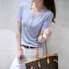 新款螺纹免烫白色V领短袖t恤女夏装内搭显瘦半袖钉扣莫代尔体恤衫_HLY 商品缩略图2