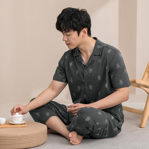 康妮雅睡衣男春夏短袖长裤开襟套装 商品图4