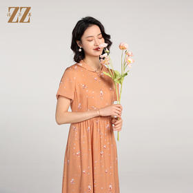 佐尔美夏季新款 弹力双绉印花桑蚕丝真丝碎花短袖连衣裙女E22LS65