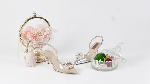 westory女鞋2023夏季新款尖头高跟细跟银色饰扣一字带凉鞋56181 商品图3