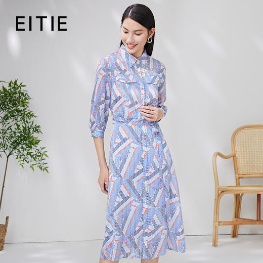EITIE爱特爱夏季新款洋气显瘦几何印花通勤系带连衣裙7007736 商品图0