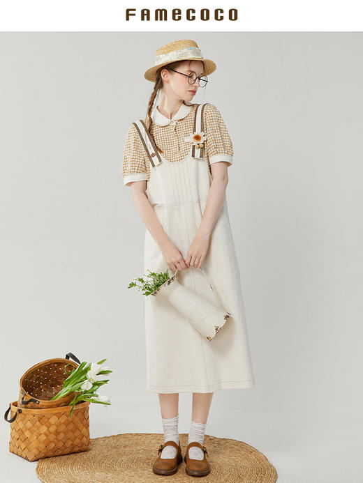 famecoco范可儿宽松纯棉背带裙女夏款时尚后开叉连衣裙FAB3FE001 商品图1