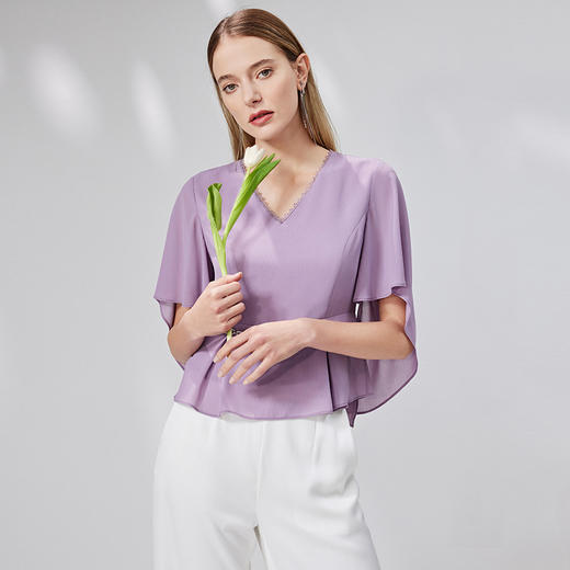 EITIE爱特爱温柔飘逸V领收腰小上衣紫色气质通勤显瘦夏新款B13128 商品图1