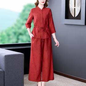 收腰气质上衣阔腿裤洋气减龄妈妈装两件套天丝棉麻套装AHM-lry4001