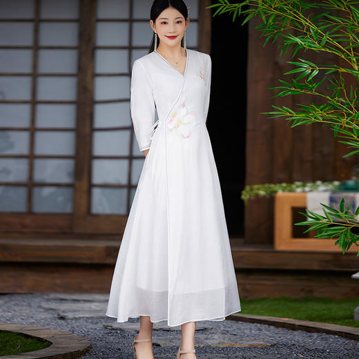 国风复古改良刺绣V领系带汉服仙气禅意茶服连衣裙FL-2301 商品图1