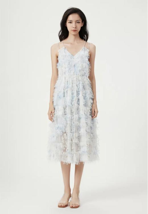 水蓝色立体格纹流苏吊带连衣裙 商品图1