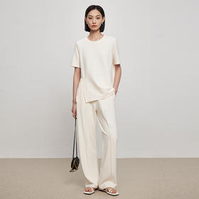 IN AND ON53221+53223华夫格白色时尚套装女短袖开叉上衣垂感显瘦阔腿休闲裤子两件套