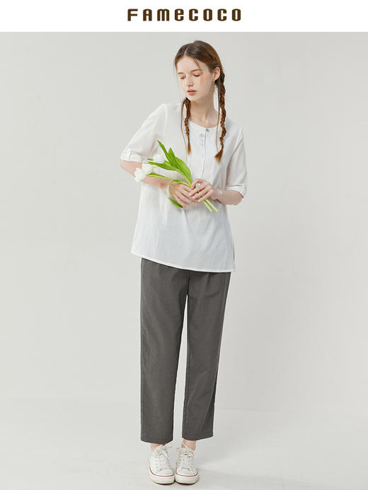 Famecoco范可儿白色裤子女夏季薄款休闲百搭直筒裤小个子FAB3GA019 商品图3