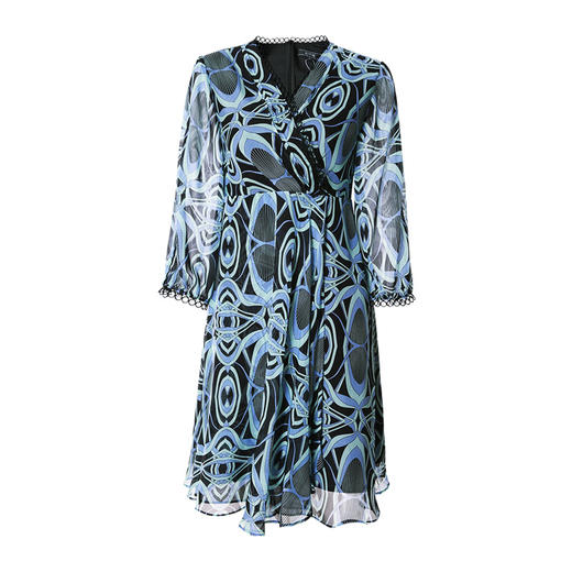 EITIE爱特爱春季新款修身复古印花V领蕾丝拼接七分袖连衣裙女7007729 商品图5