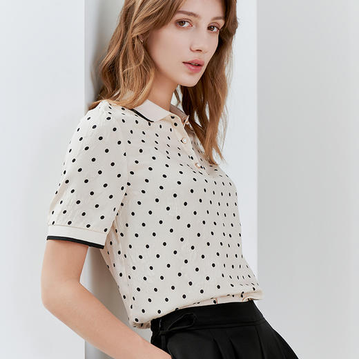 【桑蚕丝衬衫领上衣】23年夏季新款女士白底黑点真丝上衣超薄通勤T恤 商品图0