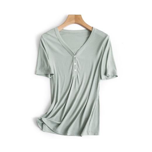 新款螺纹免烫白色V领短袖t恤女夏装内搭显瘦半袖钉扣莫代尔体恤衫_HLY 商品图11