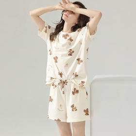 可人儿短袖短裤睡衣女夏季薄款休闲圆领小熊纯棉外穿家居服套装薄