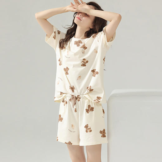 可人儿短袖短裤睡衣女夏季薄款休闲圆领小熊纯棉外穿家居服套装薄 商品图0