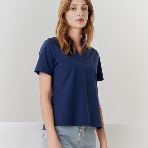 【V领短袖T恤】23年春夏新品女士上衣纯色不对称薄款短袖上衣 商品图2
