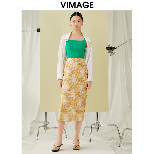 VIMAGE纬漫纪夏季新款时尚高级气质高腰印花显瘦舒适半身裙V1906517 商品图1