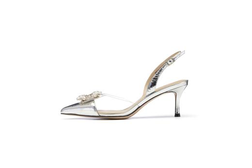 westory女鞋2023夏季新款尖头高跟细跟银色饰扣一字带凉鞋56181 商品图1