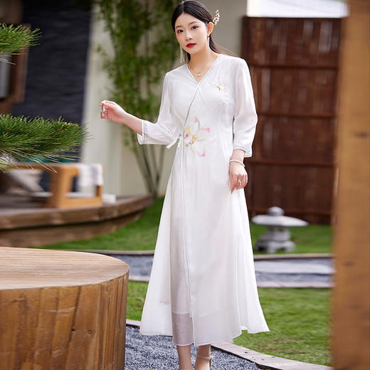 国风复古改良刺绣V领系带汉服仙气禅意茶服连衣裙FL-2301 商品图0