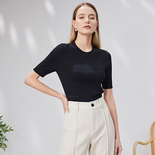 EITIE爱特爱简约基础修身显瘦纯色圆领半袖针织衫舒适夏新款B2301118 商品图6