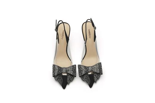 westory女鞋2023夏季新款尖头高跟细跟黑色饰扣一字带凉鞋56171 商品图2