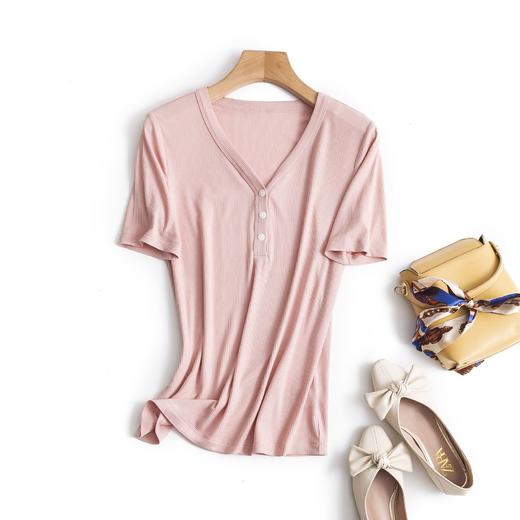 新款螺纹免烫白色V领短袖t恤女夏装内搭显瘦半袖钉扣莫代尔体恤衫_HLY 商品图7