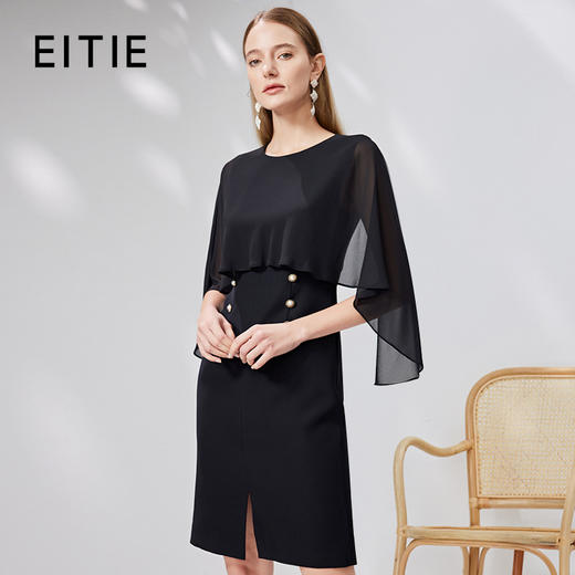 EITIE爱特爱时尚网纱斗篷修身OL通勤黑色连衣裙显瘦优雅夏新款B07162 商品图0