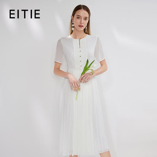 EITIE爱特爱时尚白色气质百褶收腰连衣裙显瘦法式优雅夏季新款B07178 商品图0