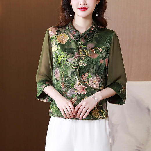 仿真丝拼接雪纺套头衫，绣花领宽松印花中国风上衣KQL-435H5276 商品图1