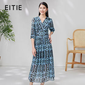 EITIE爱特爱春季新款修身复古印花V领蕾丝拼接五分袖长裙连衣裙女7007730