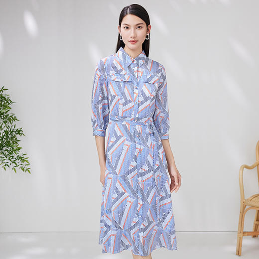 EITIE爱特爱夏季新款洋气显瘦几何印花通勤系带连衣裙7007736 商品图1