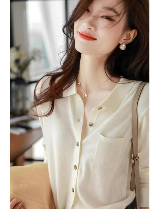 时尚百搭POLO领针织开衫女长袖春秋宽松显瘦衬衫薄款上衣打底毛衣 商品图0