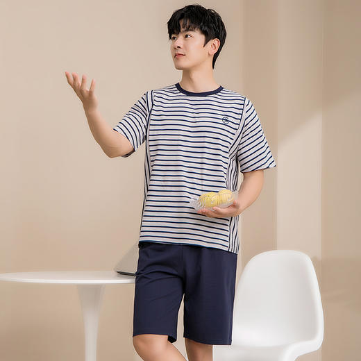 康妮雅睡衣男款夏季短袖短裤套头套装 商品图1