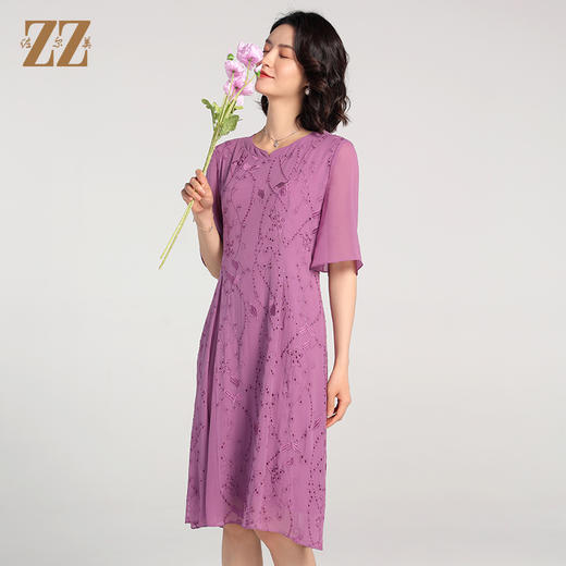 佐尔美夏季新款 乔其绣花桑蚕丝真丝短袖连衣裙女E22LS79 商品图2