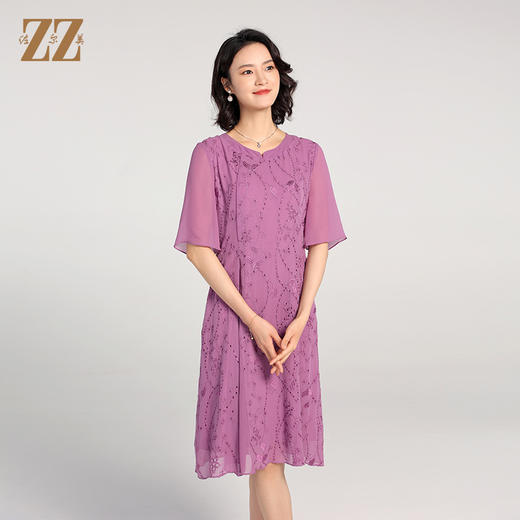 佐尔美夏季新款 乔其绣花桑蚕丝真丝短袖连衣裙女E22LS79 商品图3