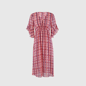 水袖腰木耳边V领连衣裙