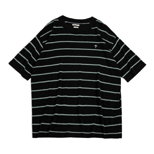 马登工装 美式休闲细条纹针织短袖黑白撞色圆领宽松中袖T恤男夏季 商品图6