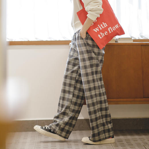马登女装美式复古格纹休闲裤学生直筒日系宽松百搭秋季阔腿裤子 商品图1