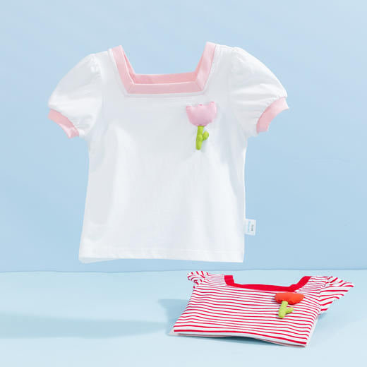 贝贝怡女童短袖立体小花T恤夏季新款中小童条纹纯棉宽松儿童上衣 商品图6