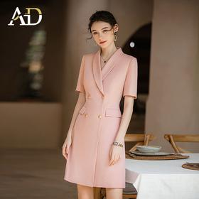 AD夏季粉色职业连衣裙女气质通勤OL西装裙百搭双排扣主持人正装裙