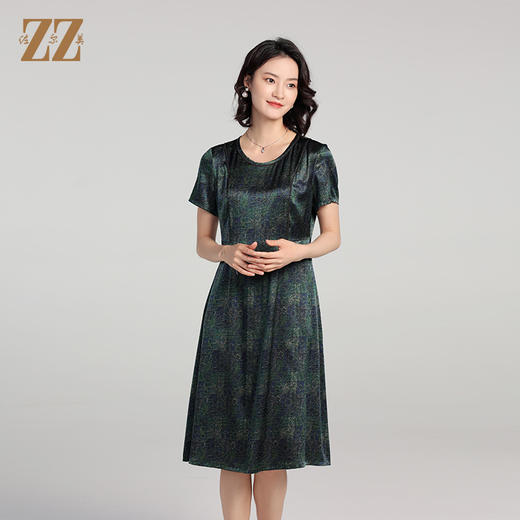 夏季新款 弹力缎印花桑蚕丝真丝短袖连衣裙女E22LS84 商品图2