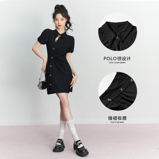 西遇新中式连衣裙女新款POLO领蝴蝶扣禅意黑色旗袍裙V0050552 商品图6