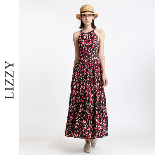 LIZZY 时尚优雅露肩印花收腰显瘦大摆度假风连衣裙7820 商品图2
