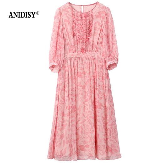 木耳边圆领中袖印花真丝连衣裙 商品图4