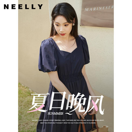 NEELLY纳俪法式泡泡袖连衣裙女中长款打缆收腰显瘦大摆A字裙夏季N23044Y05502 商品图2