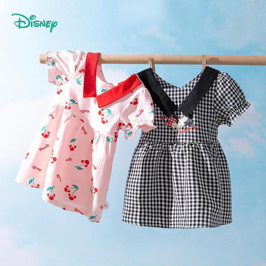 迪士尼童装女童短袖连衣裙轻甜风小公主米妮格子泡泡袖纯棉花裙子 商品图1