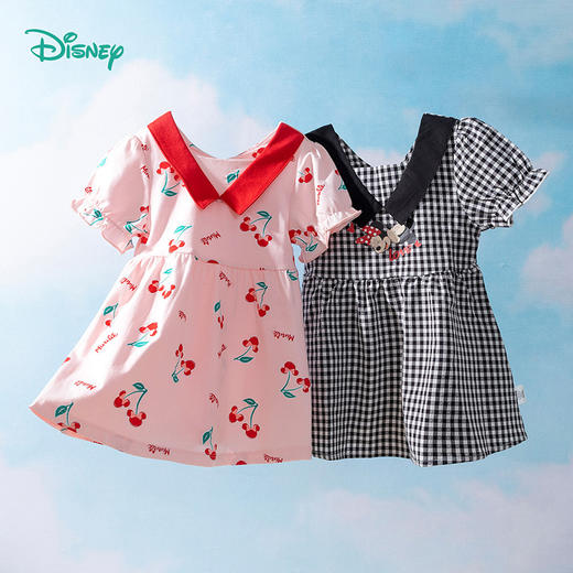 迪士尼童装女童短袖连衣裙轻甜风小公主米妮格子泡泡袖纯棉花裙子 商品图0